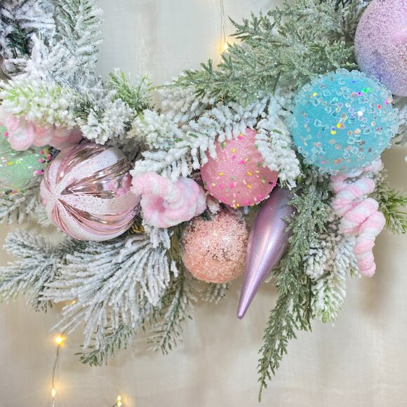 Peppermint Square Pastel Candy Frosted Pine 24" Holiday Christmas Wreath Rare - Picture 4 of 16